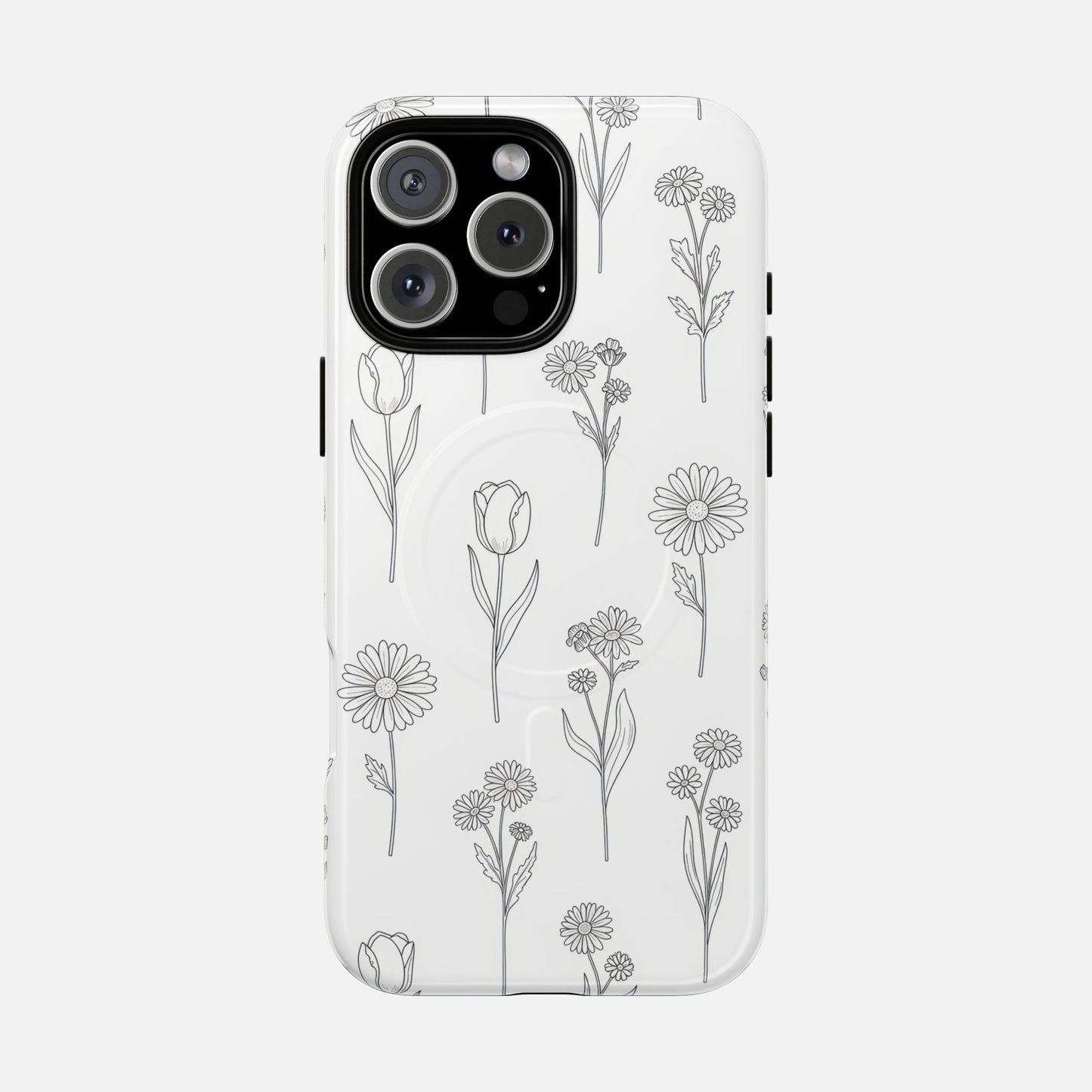 Floral Sketch Tough Magnetic Phone Case — Minimal Black Line Flower Design iPhone 16 Pro Max Glossy Phone Case