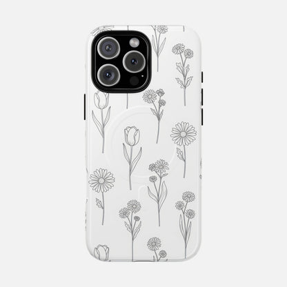 Floral Sketch Tough Magnetic Phone Case — Minimal Black Line Flower Design iPhone 16 Pro Max Glossy Phone Case