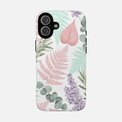 Floral Fern Tough Magnetic Phone Case — Pastel Leaves Protective Cover iPhone 16 Plus Glossy Phone Case