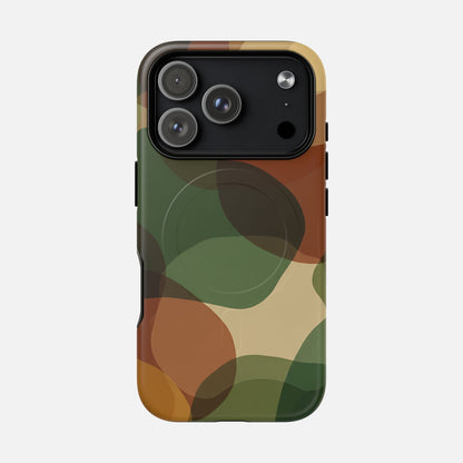 Camouflage phone case with green, brown, and tan pattern for iPhone Pro camera cutout