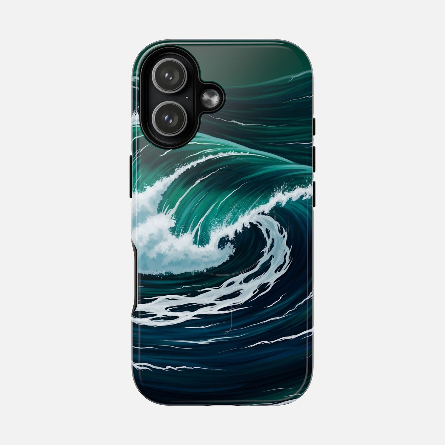 Ocean wave phone case with teal and navy surf design, protective cover for iPhone