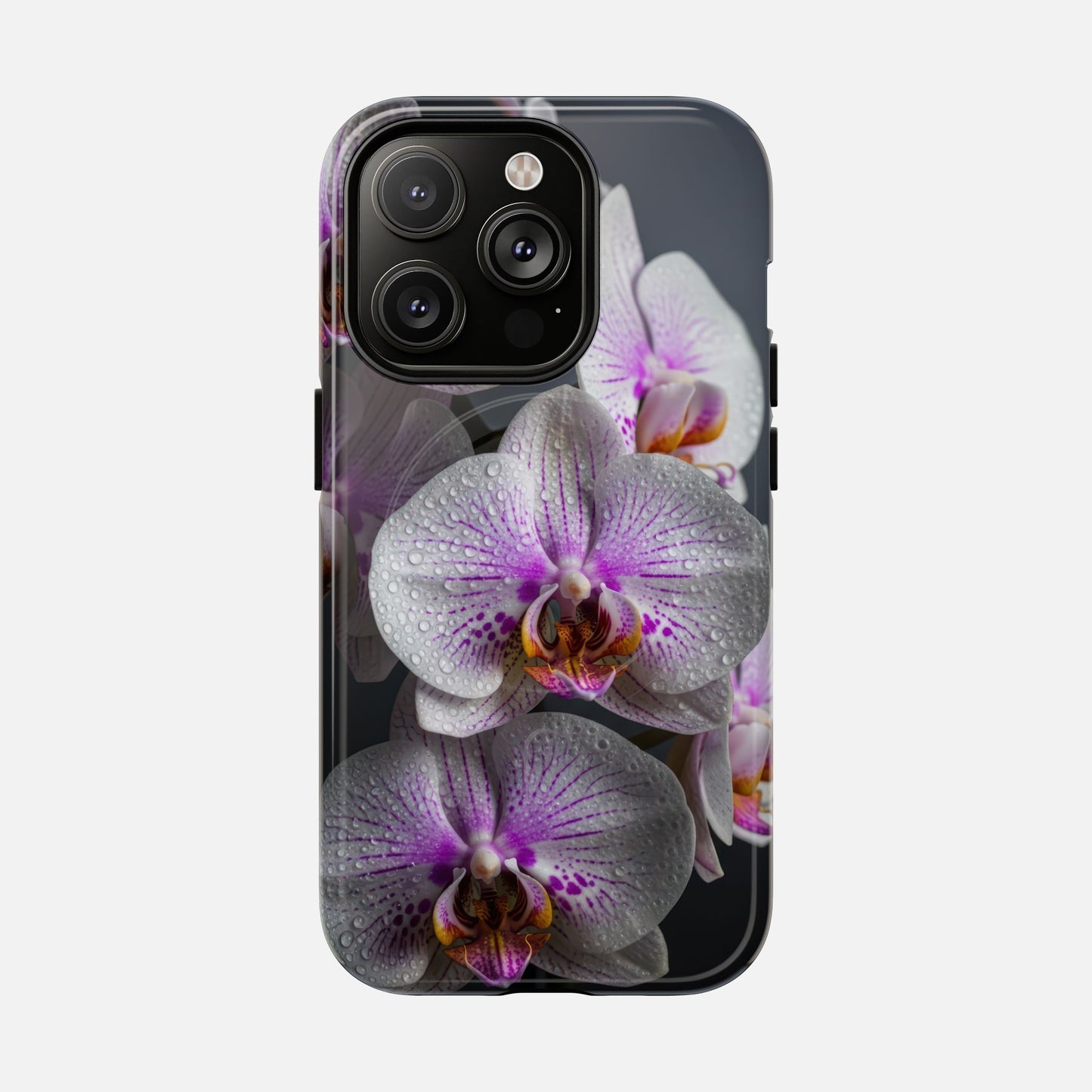 Orchid Bloom Tough Magnetic Phone Case — Waterdrop Floral Protection iPhone 14 Pro Glossy Phone Case