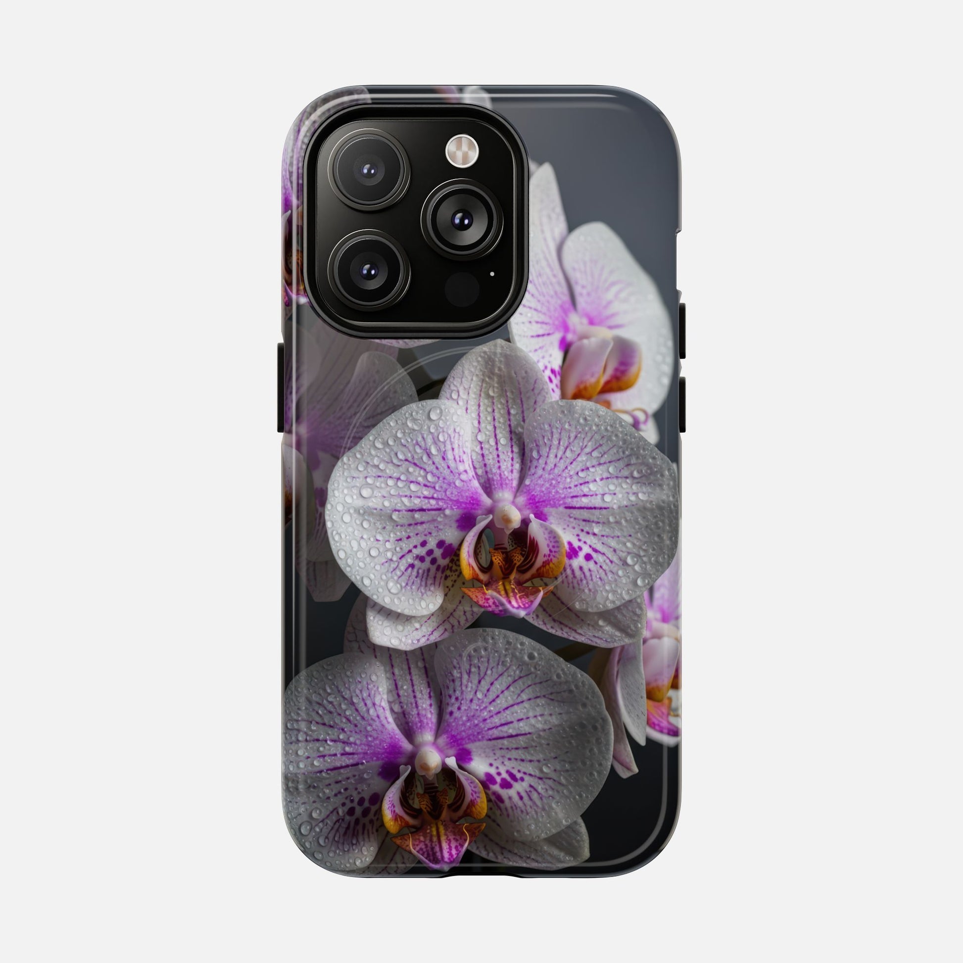 Orchid Bloom Tough Magnetic Phone Case — Waterdrop Floral Protection iPhone 14 Pro Glossy Phone Case