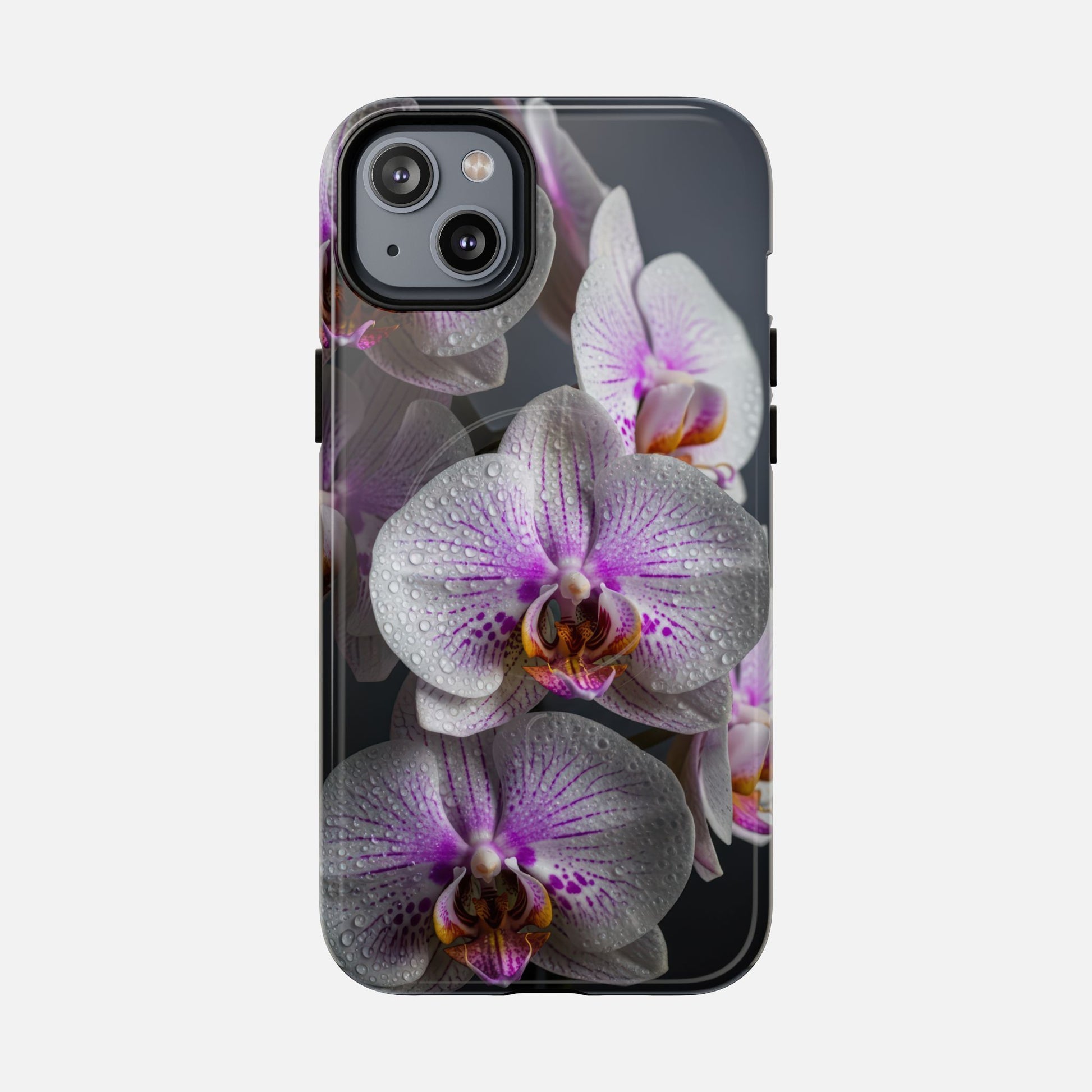 Orchid Bloom Tough Magnetic Phone Case — Waterdrop Floral Protection iPhone 14 Plus Glossy Phone Case
