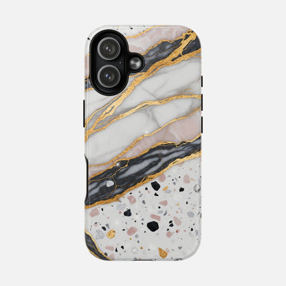 Marble and gold phone case with terrazzo pattern, stylish protective cover for iPhone