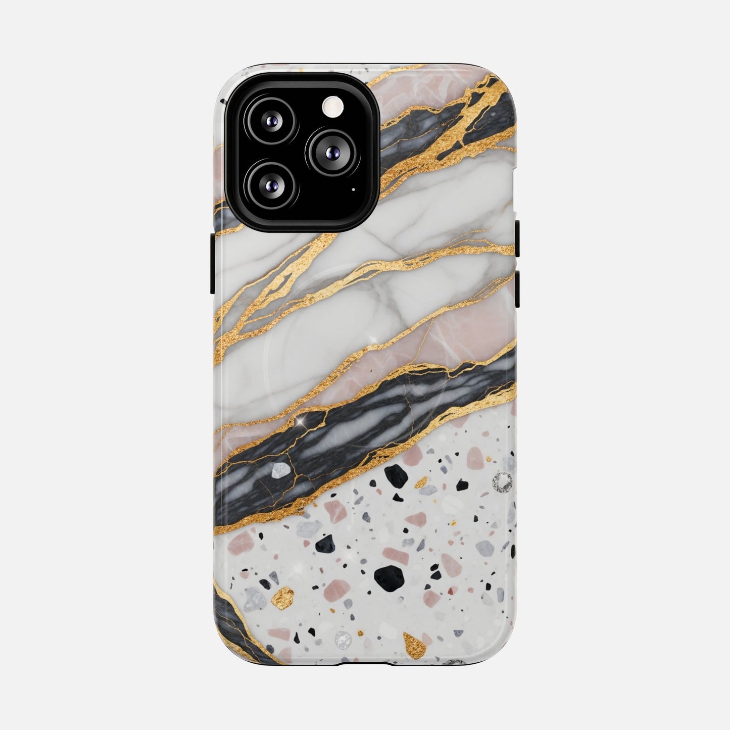 Elegant marble and gold phone case with terrazzo pattern, stylish protection for iPhone