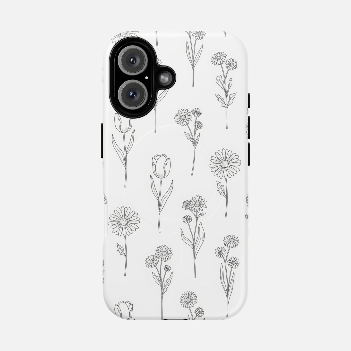 Floral Sketch Tough Magnetic Phone Case — Minimal Black Line Flower Design iPhone 16 Matte Phone Case