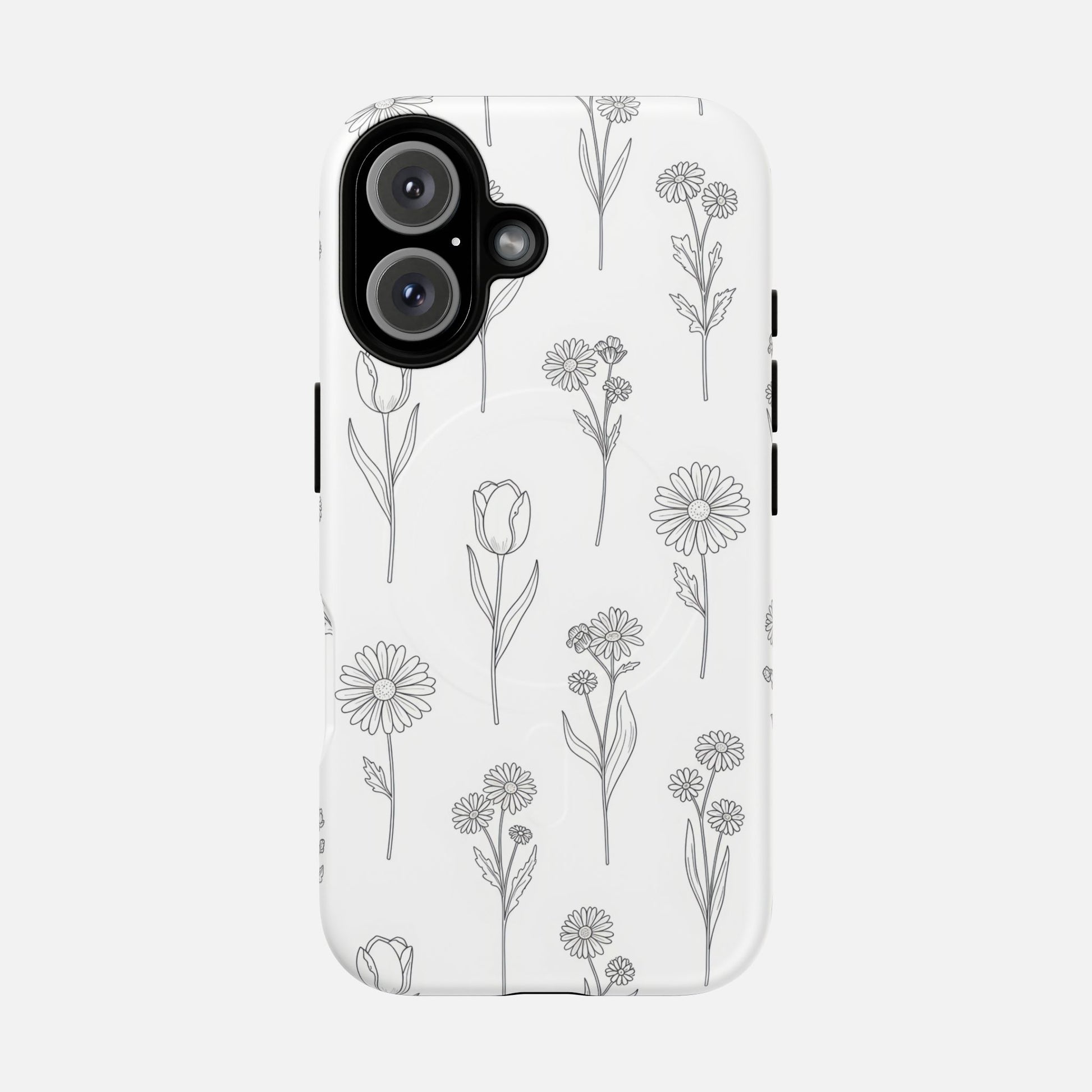 Floral Sketch Tough Magnetic Phone Case — Minimal Black Line Flower Design iPhone 16 Matte Phone Case