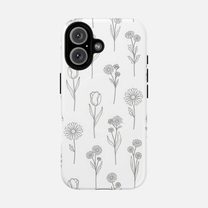 Floral Sketch Tough Magnetic Phone Case — Minimal Black Line Flower Design iPhone 16 Matte Phone Case