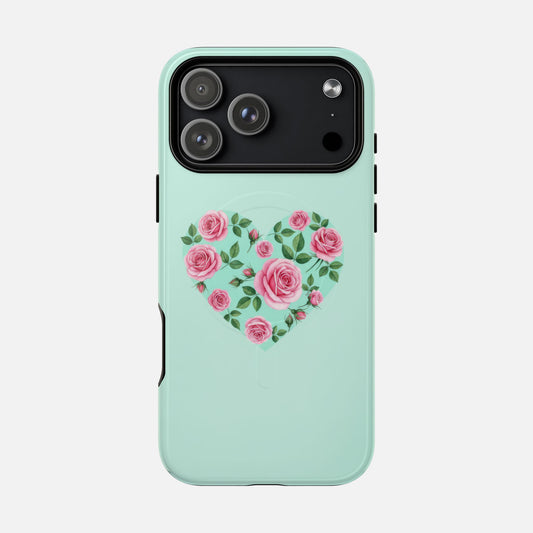 Floral Heart Tough Magnetic Phone Case — Mint Rose Protective Cover