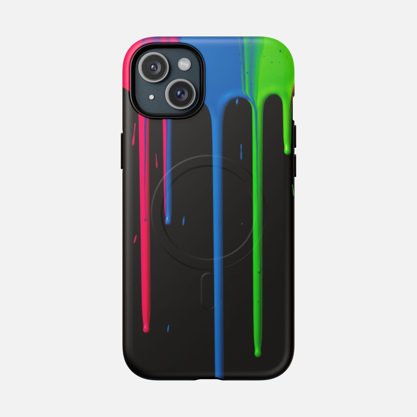 Neon Drip Tough Magnetic Case – Black Phone Cover with Bright Pink, Blue & Green Paint Drips iPhone 15 Plus Matte Phone Case