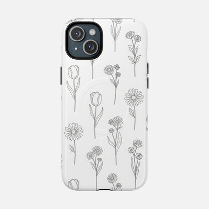 Floral Sketch Tough Magnetic Phone Case — Minimal Black Line Flower Design iPhone 15 Plus Glossy Phone Case