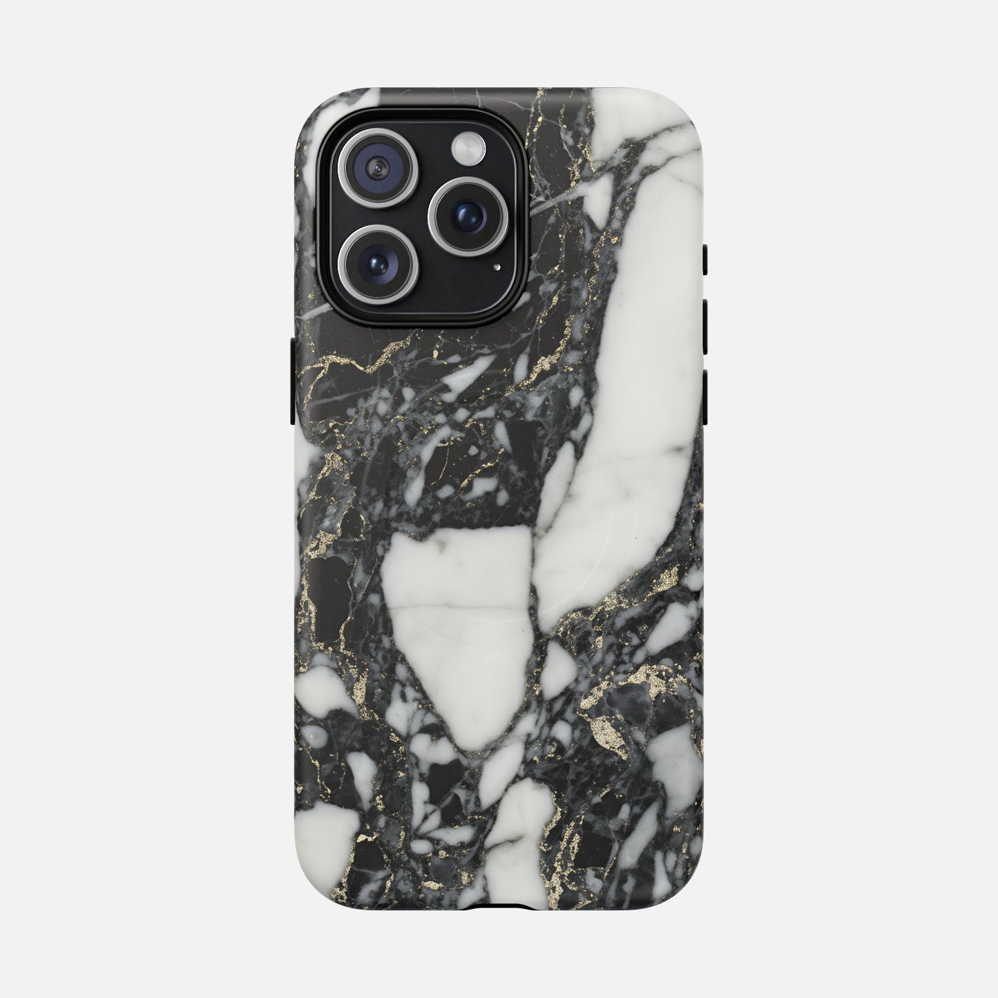 Black and white marble phone case with gold veining, modern protective design