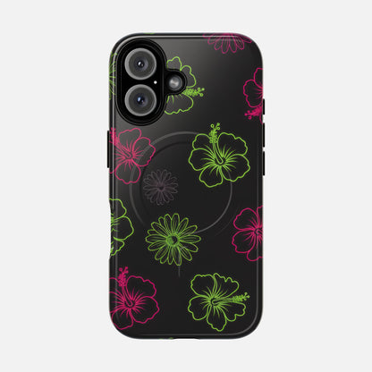 Neon Hibiscus Tough Magnetic Phone Case — Tropical Floral Protective Cover iPhone 16 Glossy Phone Case