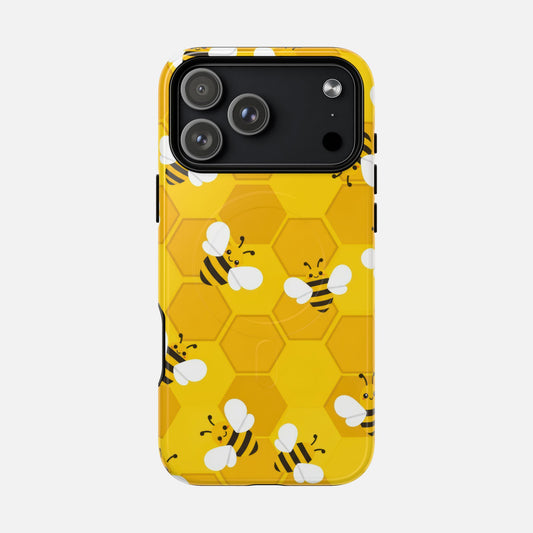 Bee Honeycomb Tough Magnetic Phone Case — Cute Yellow Bumblebee Protective Cover iPhone 17 Pro Max Glossy Phone Case