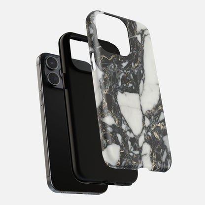 Marble design phone case with black, white, and gold pattern, shown on a modern smartphone