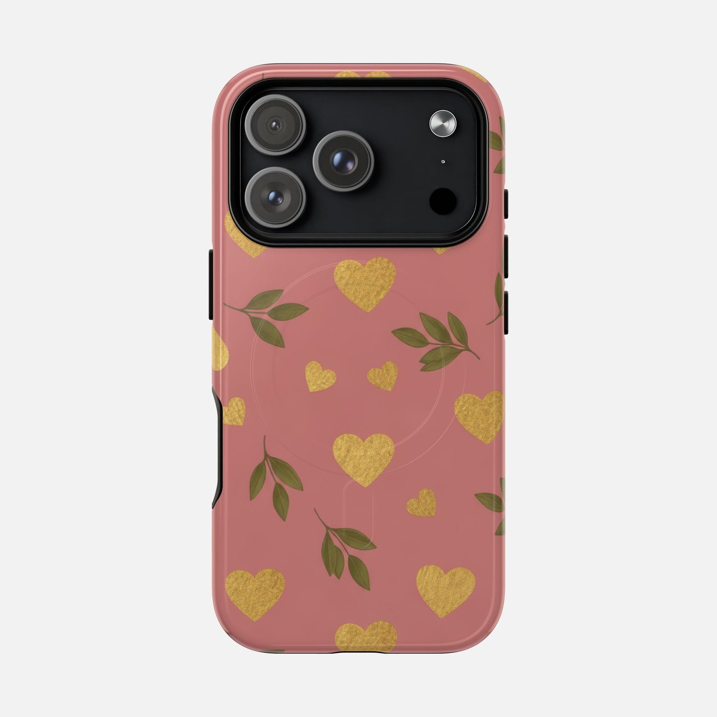 Pink phone case with gold glitter hearts and green leaves, stylish protective cover for iPhone