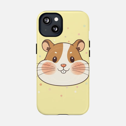 Cute hamster face phone case with pastel polka dots, perfect for iPhone protection and style