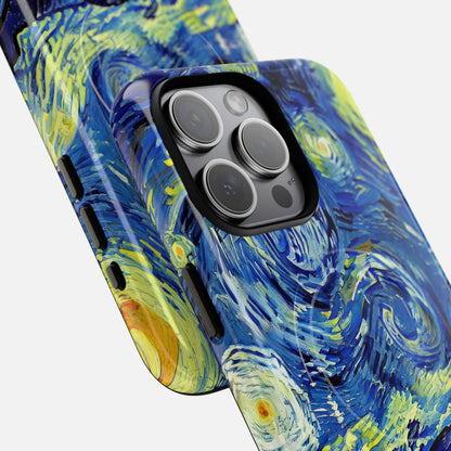 Van Gogh Starry Night phone case with vibrant blue and yellow swirls, artistic design for iPhone