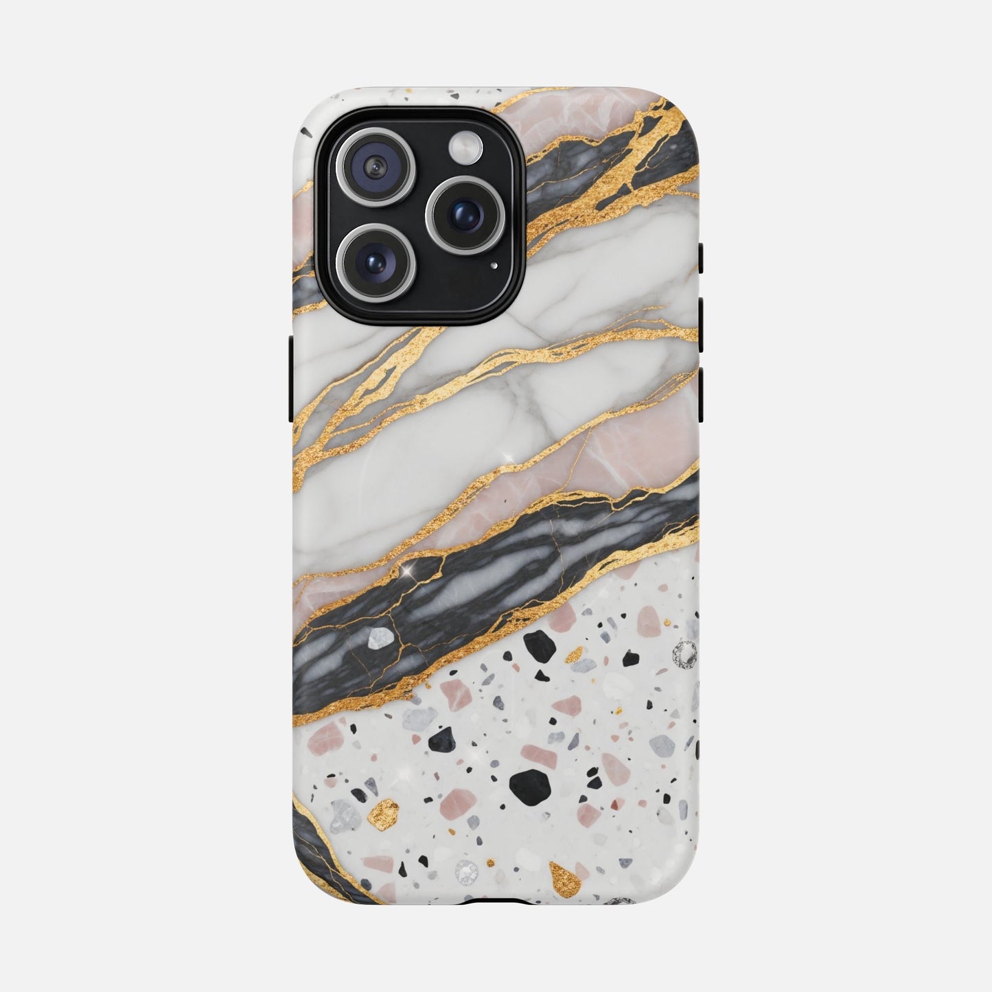 Luxury marble and gold phone case with terrazzo design for iPhone, stylish protective cover