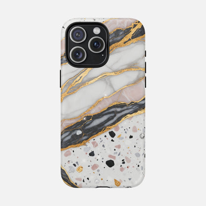 Luxury marble and gold phone case with terrazzo design for iPhone, stylish protective cover