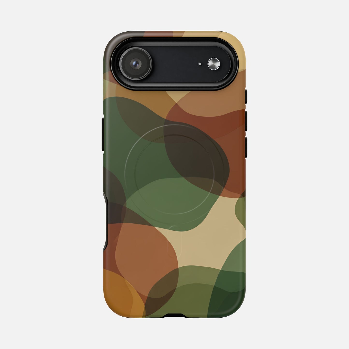 Camouflage phone case with green, brown, and tan pattern for iPhone protection