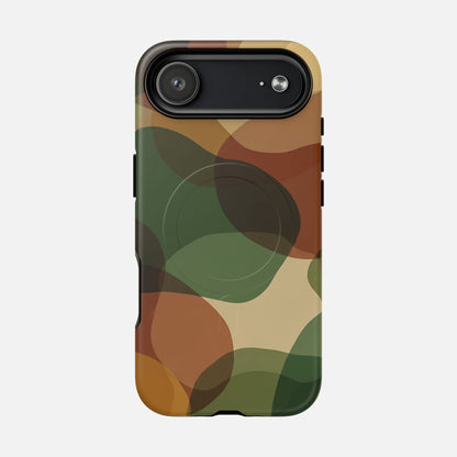 Camouflage phone case with green, brown, and tan pattern for iPhone protection