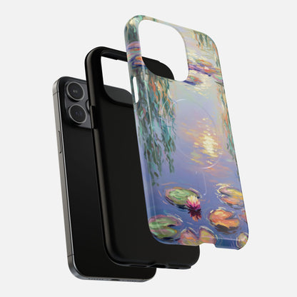 iPhone case with Monet-style water lily pond art, colorful floral design for phone protection
