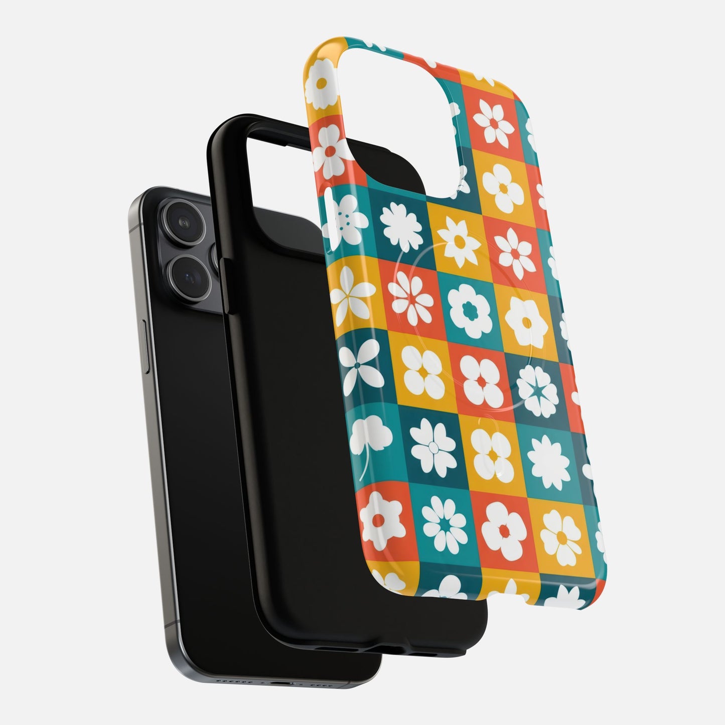 Floral Checkerboard Retro Color Block iPhone Case — Tough Magnetic | MagSafe Compatible