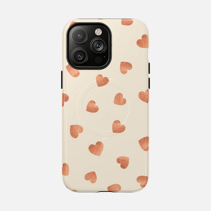 Heart Pattern Tough Magnetic Phone Case — Peach Watercolor Hearts, MagSafe Compatible iPhone 14 Pro Max Glossy Phone Case