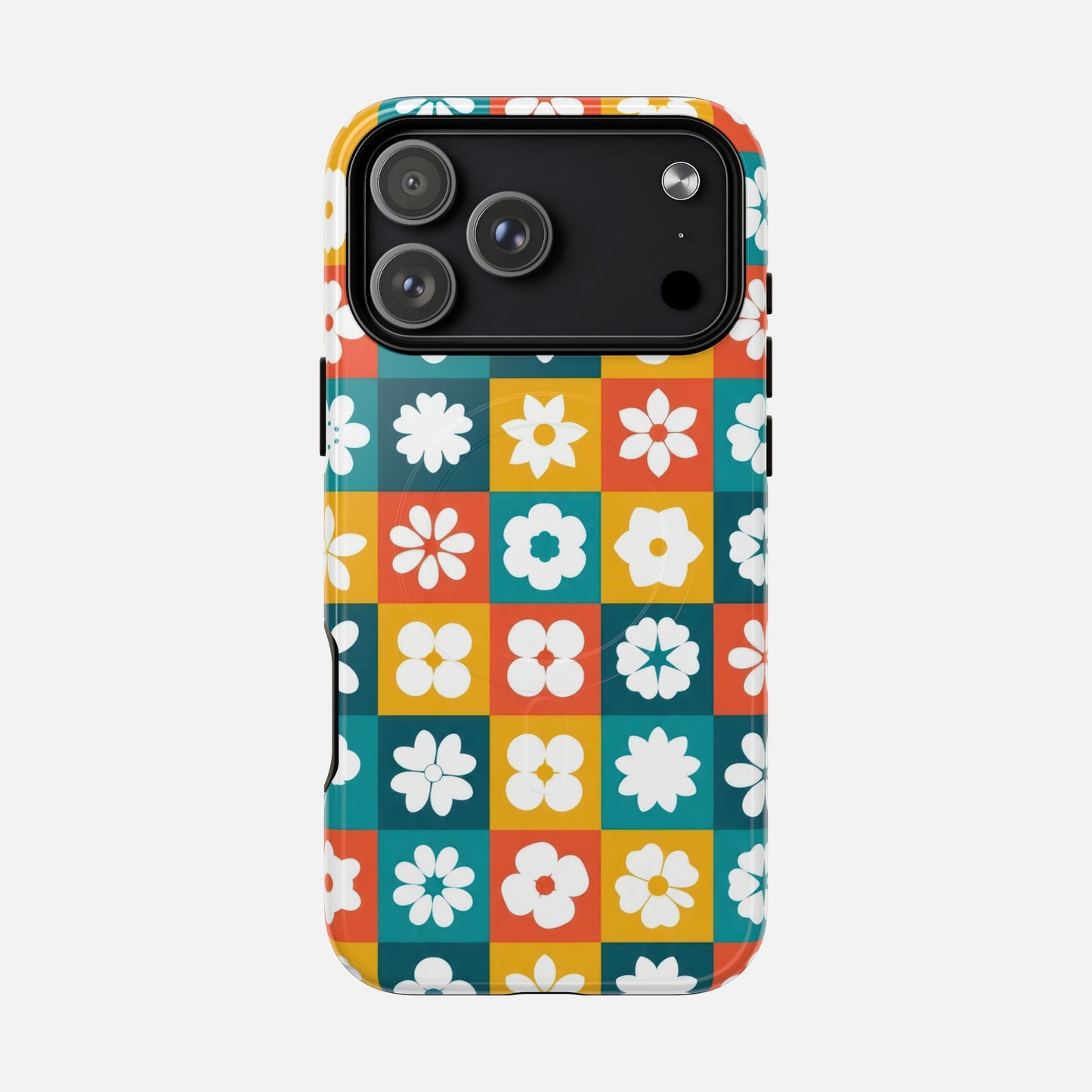 Floral Checkerboard Retro Color Block iPhone Case — Tough Magnetic | MagSafe Compatible