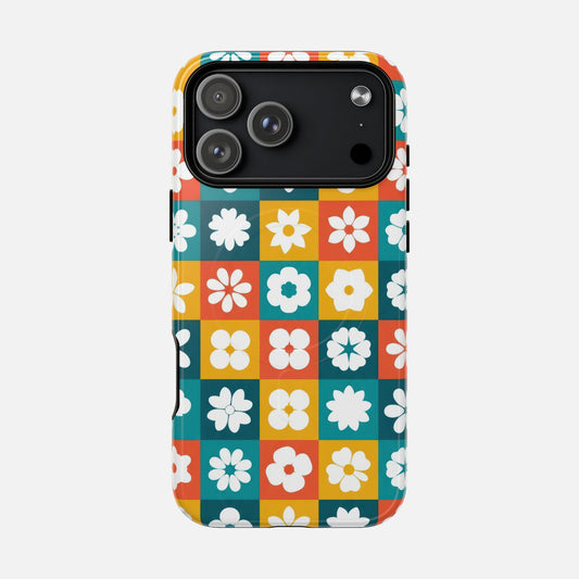 Floral Checkerboard Phone Case — Retro Color Block Tough Magnetic Case