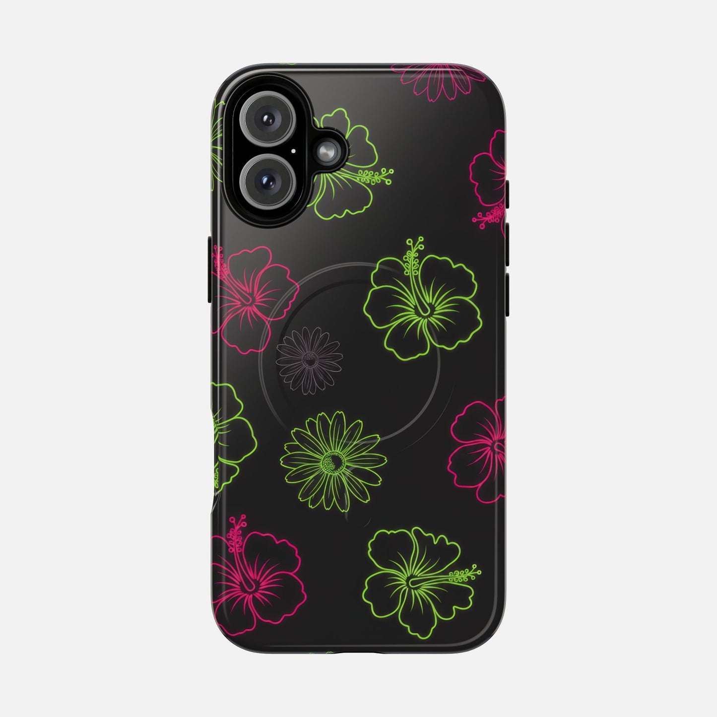 Neon Hibiscus Tough Magnetic Phone Case — Tropical Floral Protective Cover iPhone 16 Plus Glossy Phone Case