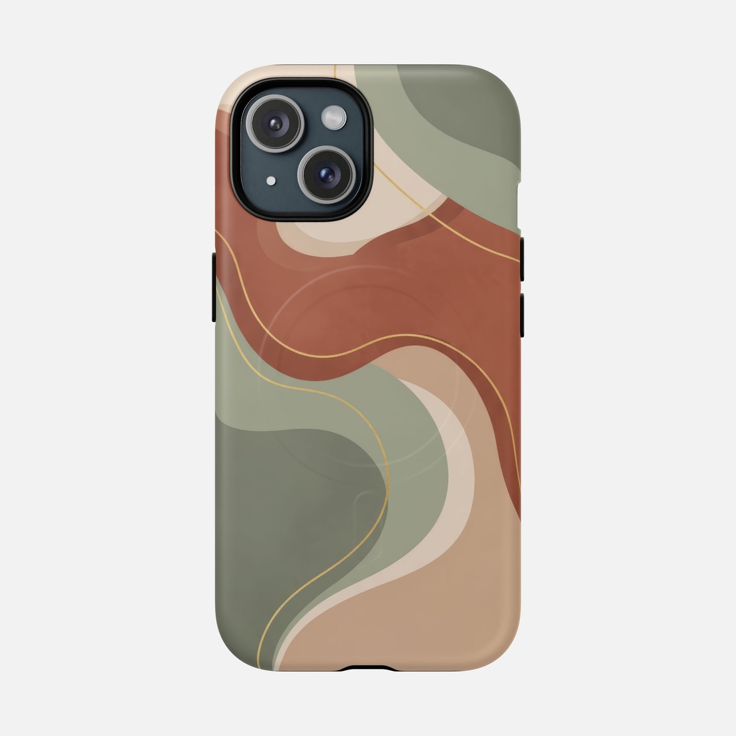 Abstract wave pattern phone case with earthy tones and gold lines, modern design for iPhone