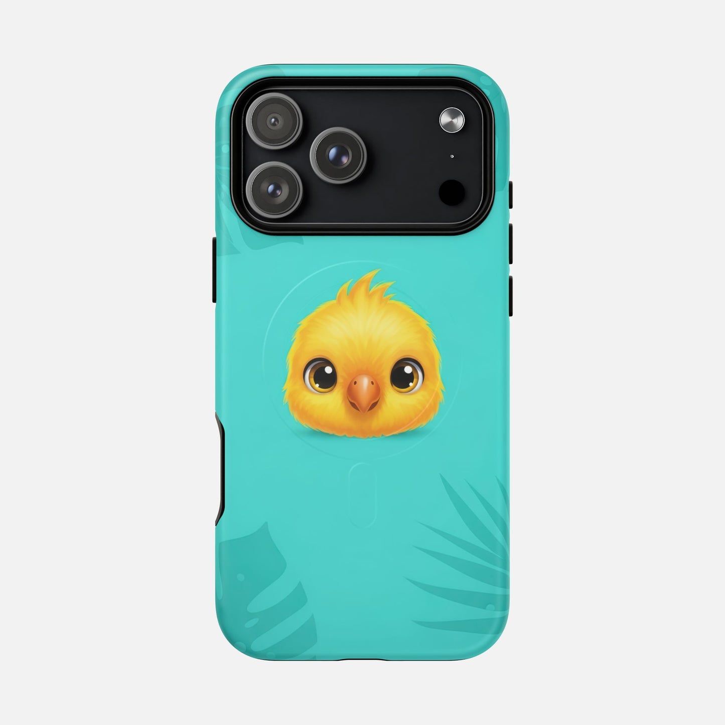 Cute yellow chick phone case with teal tropical leaf design, modern printing, protective fit