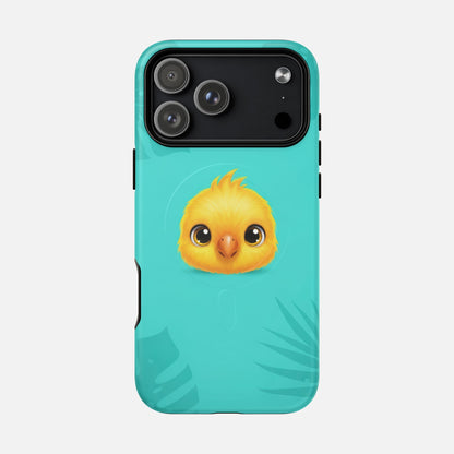 Cute yellow chick phone case with teal tropical leaf design, modern printing, protective fit