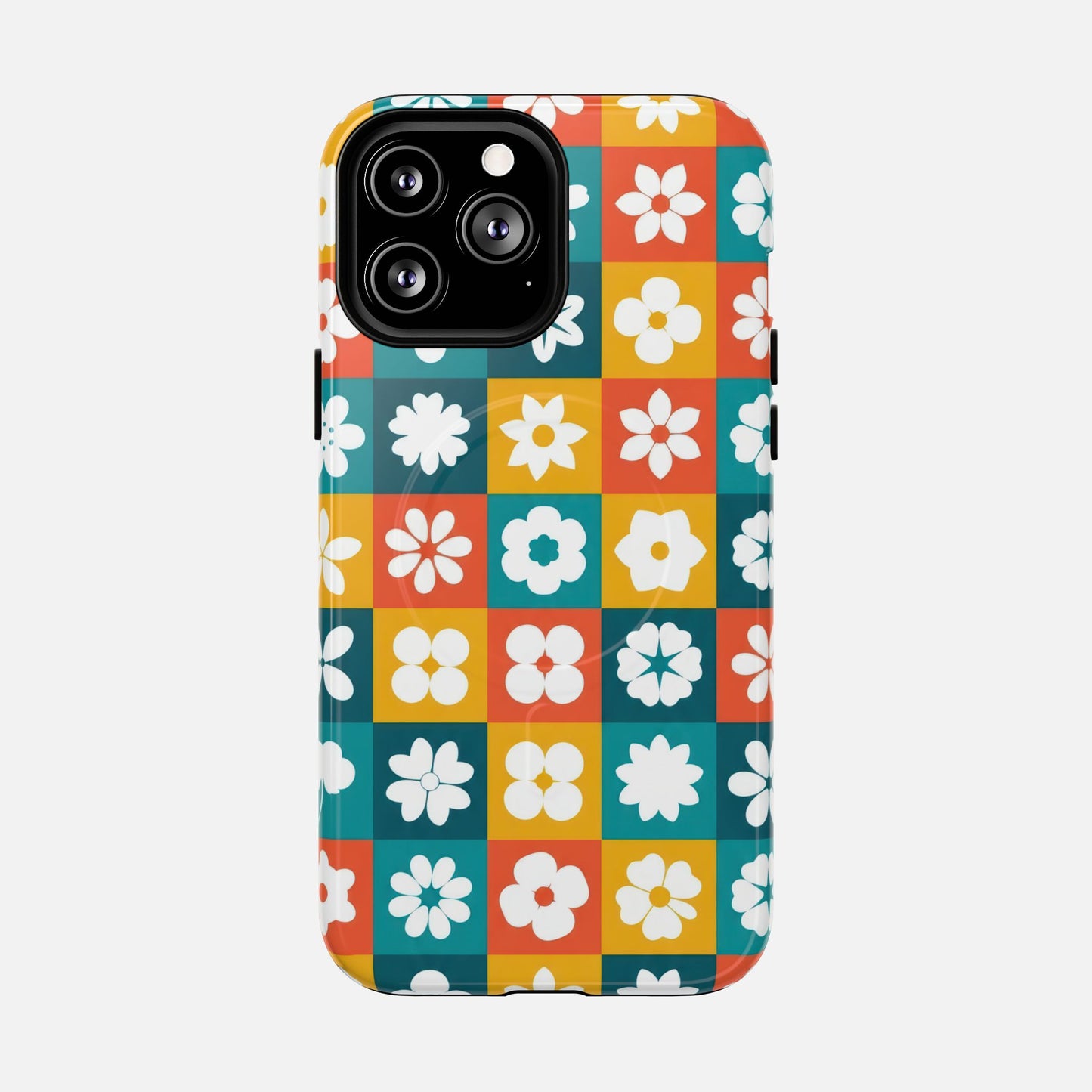 Floral Checkerboard Retro Color Block iPhone Case — Tough Magnetic | MagSafe Compatible