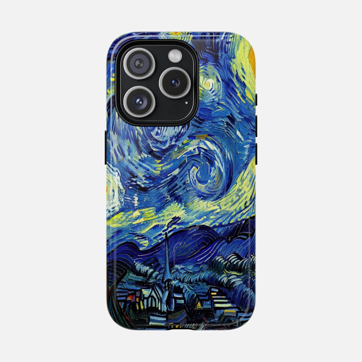 Van Gogh Starry Night phone case with vibrant blue and yellow swirls, artistic design for iPhone