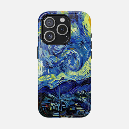 Van Gogh Starry Night phone case with vibrant blue and yellow swirls, artistic design for iPhone