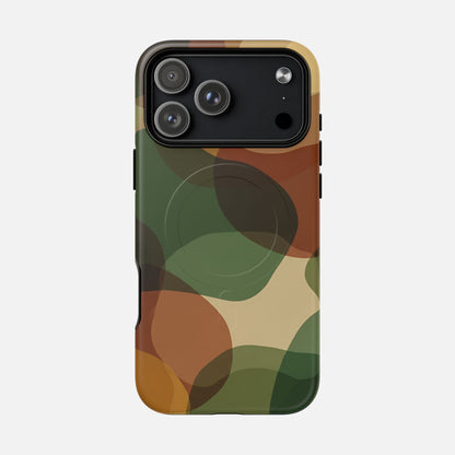 Camouflage phone case with green, brown, and tan pattern for iPhone Pro