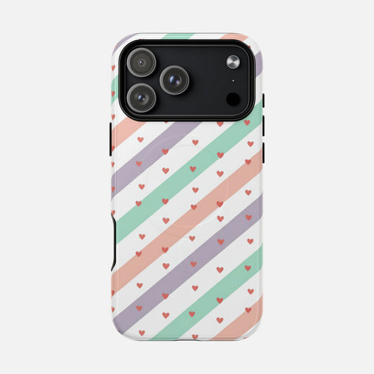 Valentine Pastel Stripes Tough Magnetic Phone Case — Small Hearts Pattern