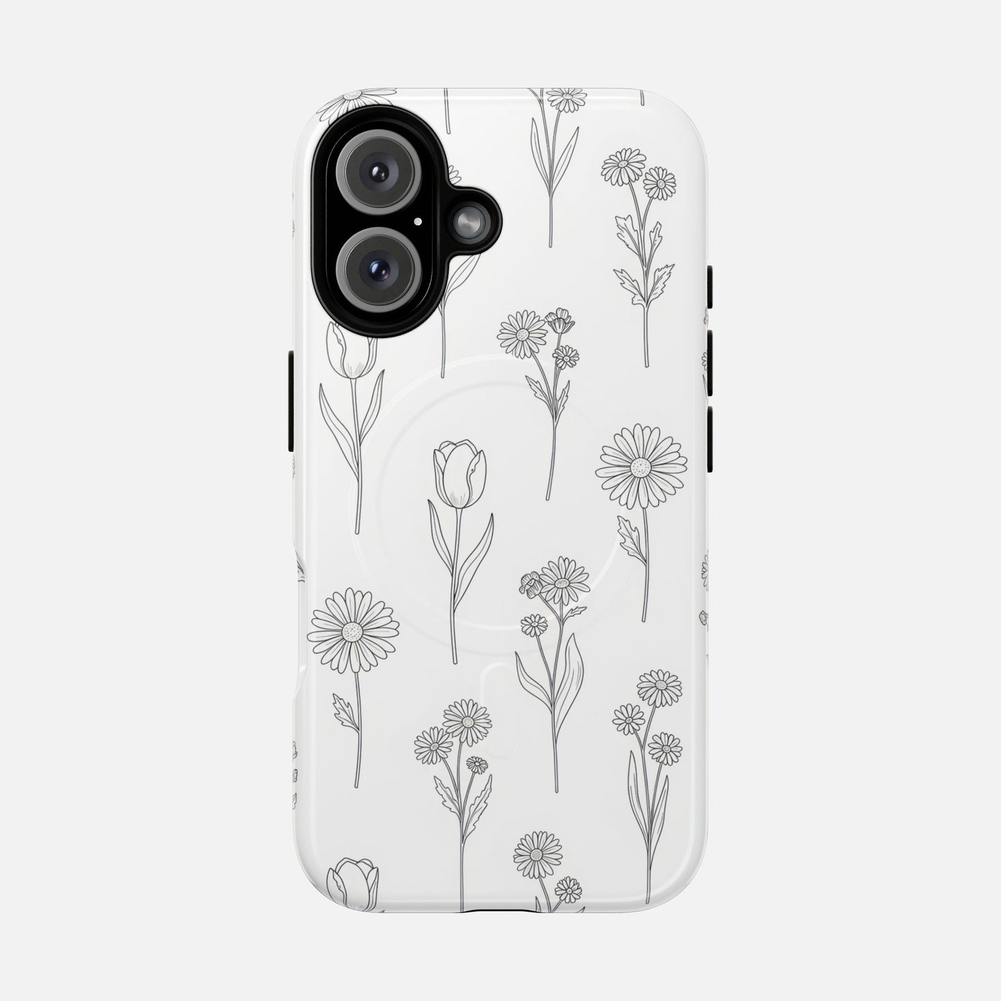 Floral Sketch Tough Magnetic Phone Case — Minimal Black Line Flower Design iPhone 16 Glossy Phone Case