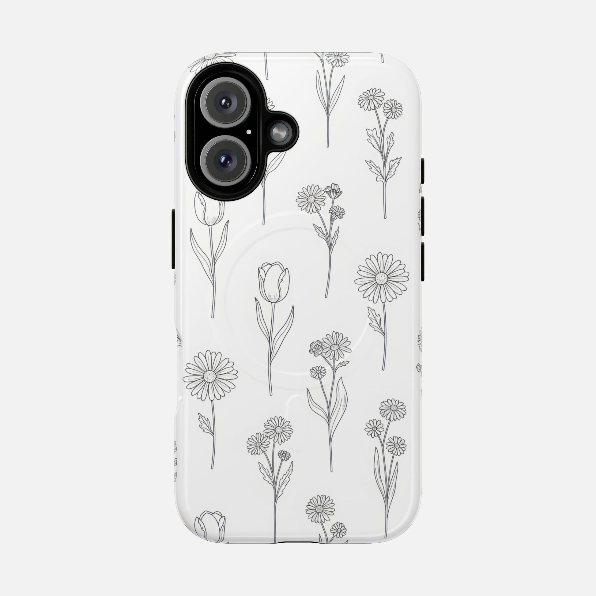 Floral Sketch Tough Magnetic Phone Case — Minimal Black Line Flower Design iPhone 16 Glossy Phone Case