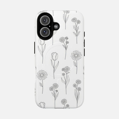 Floral Sketch Tough Magnetic Phone Case — Minimal Black Line Flower Design iPhone 16 Glossy Phone Case