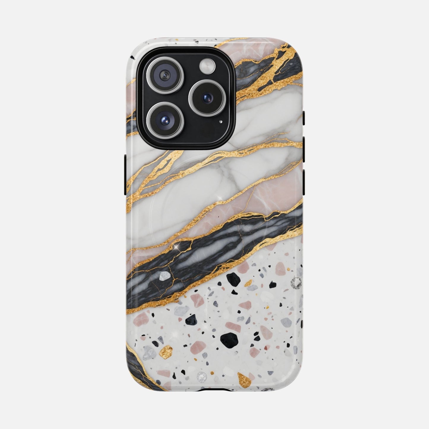 Marble and gold phone case with terrazzo pattern, stylish iPhone protection