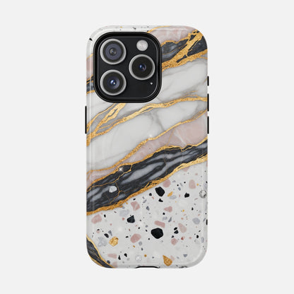 Marble and gold phone case with terrazzo pattern, stylish iPhone protection