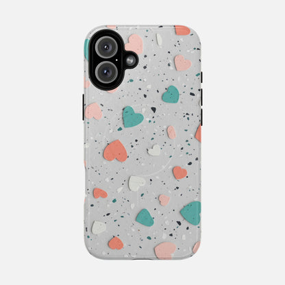 Heart Confetti Tough Magnetic Phone Case — Colorful Terrazzo Love Design iPhone 16 Plus Glossy Phone Case