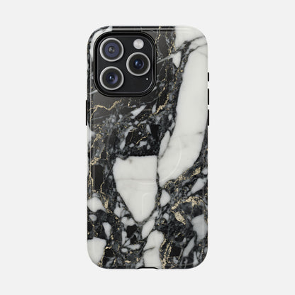 Black and white marble phone case with gold veining, modern stylish protective cover