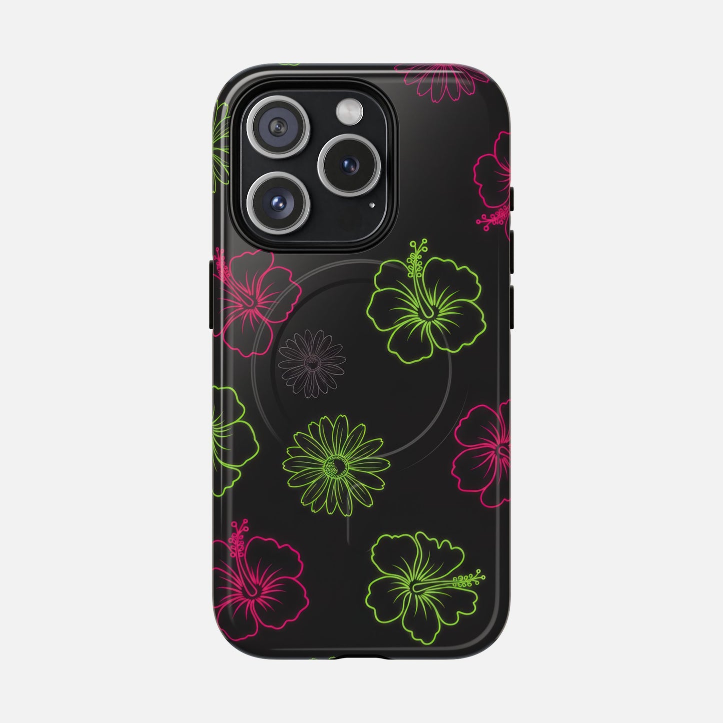 Neon Hibiscus Tough Magnetic Phone Case — Tropical Floral Protective Cover iPhone 15 Pro Glossy Phone Case