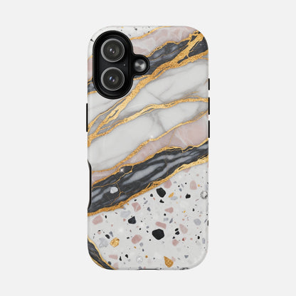 Elegant marble and gold phone case with terrazzo pattern, modern design for iPhone protection